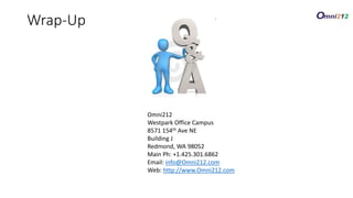 Wrap-Up
Omni212
Westpark Office Campus
8571 154th Ave NE
Building J
Redmond, WA 98052
Main Ph: +1.425.301.6862
Email: info@Omni212.com
Web: http://www.Omni212.com
 