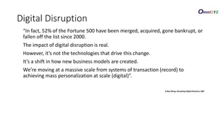 “In fact, 52% of the Fortune 500 have been merged, acquired, gone bankrupt, or
fallen off the list since 2000.
The impact of digital disruption is real.
However, it’s not the technologies that drive this change.
It’s a shift in how new business models are created.
We’re moving at a massive scale from systems of transaction (record) to
achieving mass personalization at scale (digital)”.
R Ray Wang, Disrupting Digital Business, HBR
Digital Disruption
 