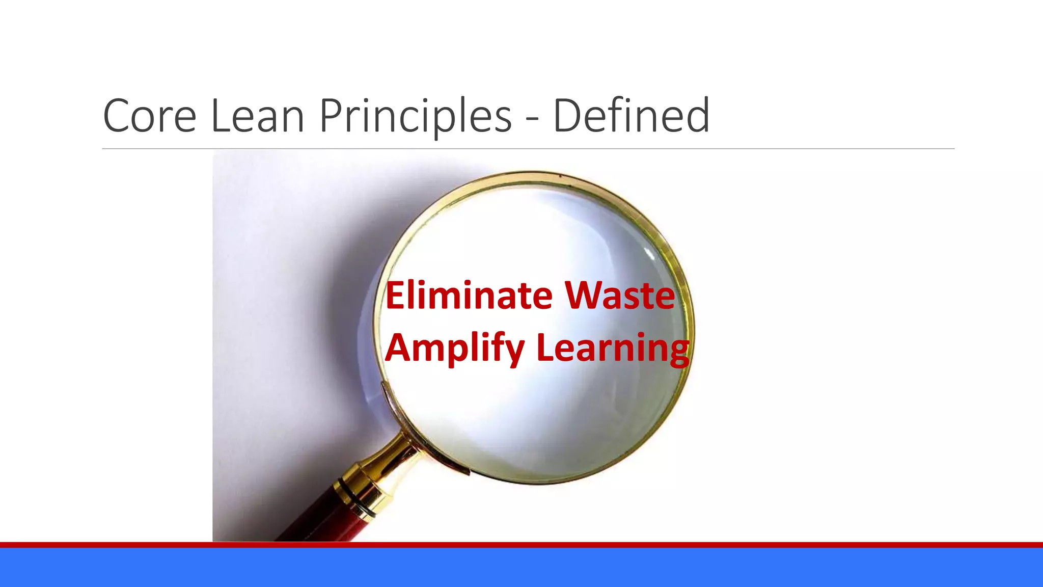Core Lean Principles - Defined
Eliminate Waste
Amplify Learning
 