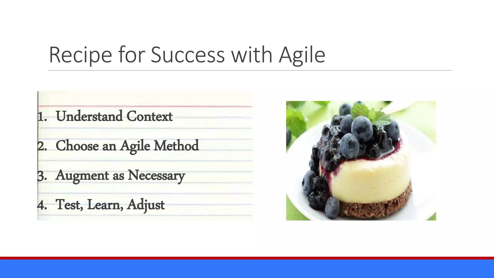 Recipe for Success with Agile
1. Understand Context
2. Choose an Agile Method
3. Augment as Necessary
4. Test, Learn, Adjust
 
