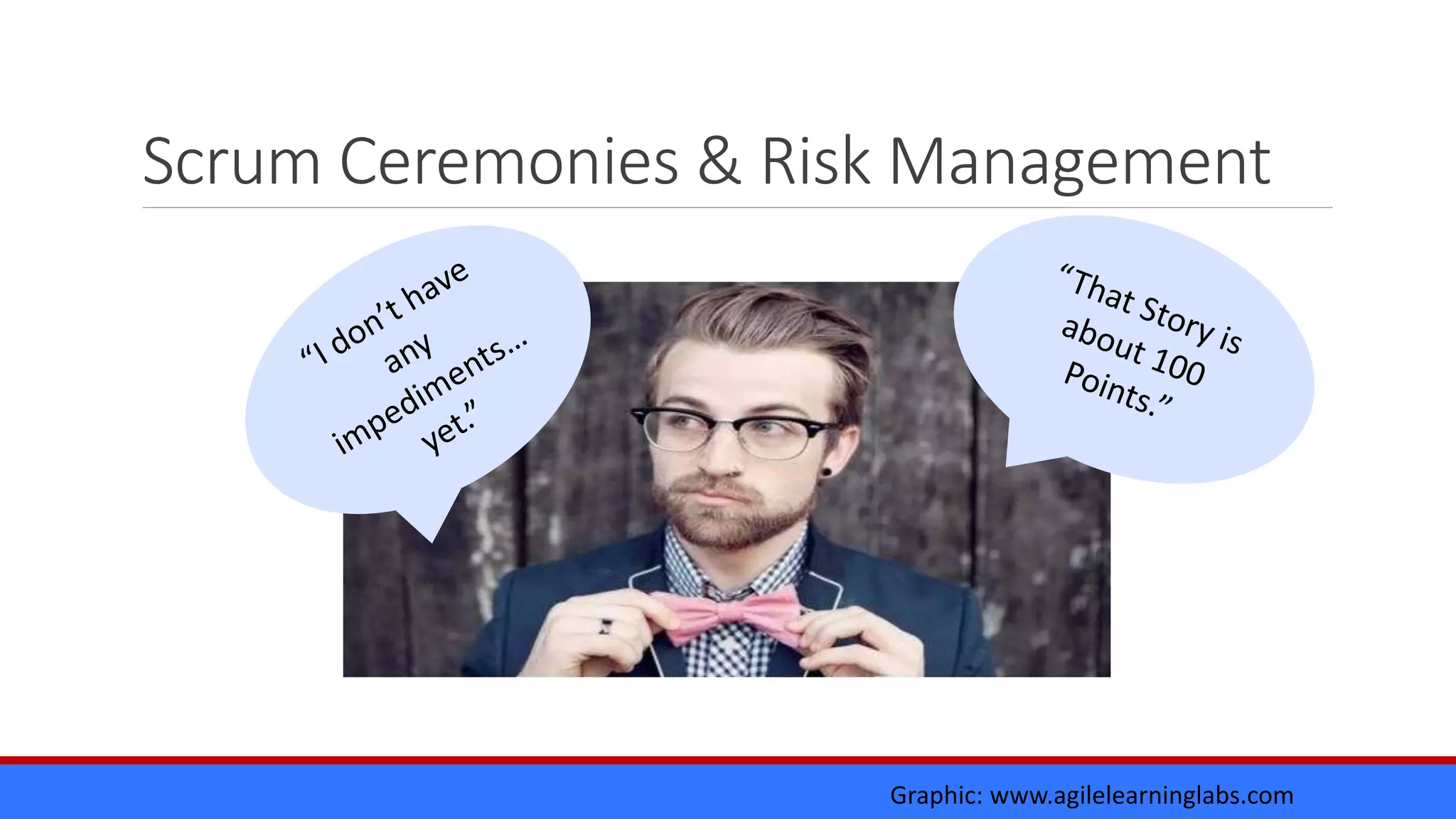Scrum Ceremonies & Risk Management
Graphic: www.agilelearninglabs.com
 