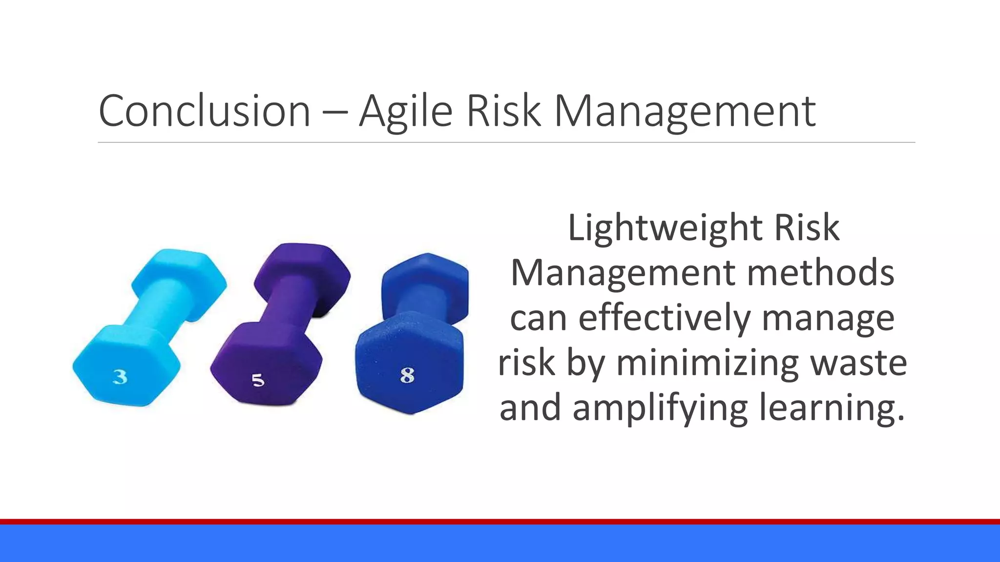 Conclusion – Agile Risk Management
Lightweight Risk
Management methods
can effectively manage
risk by minimizing waste
and amplifying learning.
 