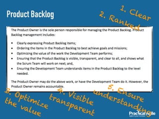 Product Backlog
1. Clear
2. Ranked
3. Optimize
the value
4. Visible
transparent
5. Ensure
understanding
 