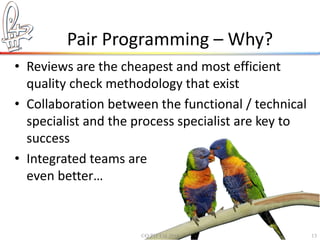 Pair Programming – Why? 
• Reviews are the cheapest and most efficient 
quality check methodology that exist 
• Collaboration between the functional / technical 
specialist and the process specialist are key to 
success 
• Integrated teams are 
even better… 
©Q:PIT Ltd 2014 13 
 