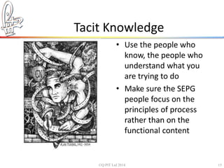 Tacit Knowledge 
• Use the people who 
know, the people who 
understand what you 
are trying to do 
• Make sure the SEPG 
people focus on the 
principles of process 
rather than on the 
functional content 
©Q:PIT Ltd 2014 15 
 