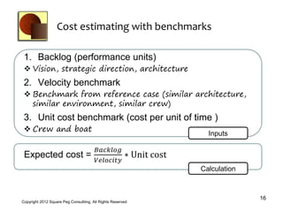 Cost estimating with benchmarks

 1. Backlog (performance units)
  Vision, strategic direction, architecture
 2. Velocity benchmark
  Benchmark from reference case (similar architecture,
   similar environment, similar crew)
 3. Unit cost benchmark (cost per unit of time )
  Crew and boat
                                                                        Inputs

                                         𝐵𝑎𝑐𝑘𝑙𝑜𝑔
 Expected cost =                                        ∗ Unit cost
                                         𝑉𝑒𝑙𝑜𝑐𝑖𝑡𝑦
                                                                      Calculation



                                                                                    16
Copyright 2012 Square Peg Consultiing, All Rights Reserved
 