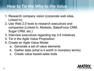 1515
How to Tie the Why to the Value
1. Research company vision (corporate web sites,
Linked In)
2. Use Web 2.0 tools to research executives and
companies (Linked In, Marketo, SalesForce CRM,
Sugar CRM, etc.)
3. Interview executives regarding top 3-5 initiatives
4. Tie in the Agile Value Proposition
5. Create an Agile Value Model
a. Generate a set of value elements
b. Gather data (what is it worth in monetary terms)
c. Create value based sales tools
 