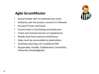 20
Agile ScrumMaster
• Servant leader with no authority over team
• Authority over the process, ensures it’s followed
• Personal Trainer and Coach
• Ensures team is functioning and productive
• Tracks and removes barriers or impediments
• Shields team from external interference
• Helps team be accountable to stakeholders
• Facilitates planning, not a traditional PM
• Responsible, Humble, Collaborative, Committed,
Influential, Knowledgeable
 