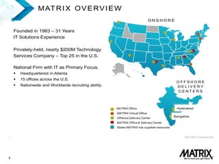 3
1 MATRIX Confidential
Founded in 1983 – 31 Years
IT Solutions Experience
Privately-held, nearly $200M Technology
Services Company – Top 25 in the U.S.
National Firm with IT as Primary Focus.
 Headquartered in Atlanta
 15 offices across the U.S.
 Nationwide and Worldwide recruiting ability
MATRIX OVERVIEW
O N S H O R E
O F F S H O R E
D E L I V E R Y
C E N T E R S
Hyderabad
Bangalore
MATRIX Office
MATRIX Virtual Office
Offshore Delivery Center
MATRIX Office & Delivery Center
States MATRIX has supplied resources
1 MATRIX Confidential
Founded in 1983 – 31 Years
IT Solutions Experience
Privately-held, nearly $200M Technology
Services Company – Top 25 in the U.S.
National Firm with IT as Primary Focus.
 Headquartered in Atlanta
 15 offices across the U.S.
 Nationwide and Worldwide recruiting ability
MATRIX OVERVIEW
O N S H O R E
O F F S H O R E
D E L I V E R Y
C E N T E R S
Hyderabad
Bangalore
MATRIX Office
MATRIX Virtual Office
Offshore Delivery Center
MATRIX Office & Delivery Center
States MATRIX has supplied resources
 