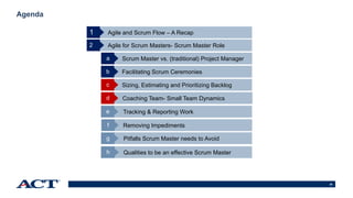 26
Agenda
Agile and Scrum Flow – A Recap
Agile for Scrum Masters- Scrum Master Role2
Scrum Master vs. (traditional) Project Managera
Facilitating Scrum Ceremoniesb
Sizing, Estimating and Prioritizing Backlogc
1
Coaching Team- Small Team Dynamicsd
Tracking & Reporting Worke
Removing Impedimentsf
Pitfalls Scrum Master needs to Avoidg
Qualities to be an effective Scrum Masterh
 
