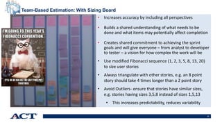 37
Why Team-Based Estimation: With Sizing Board
• Increases accuracy by including all perspectives
• Builds a shared understanding of what needs to be
done and what items may potentially affect completion
• Creates shared commitment to achieving the sprint
goals and will give everyone – from analyst to developer
to tester – a vision for how complex the work will be
• Use modified Fibonacci sequence (1, 2, 3, 5, 8, 13, 20)
to size user stories
• Always triangulate with other stories, e.g. an 8 point
story should take 4 times longer than a 2 point story
• Avoid Outliers- ensure that stories have similar sizes,
e.g. stories having sizes 3,5,8 instead of sizes 1,5,13
• This increases predictability, reduces variability
 