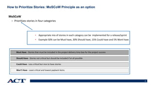 42
How to Prioritize Stories: MoSCoW Principle as an option
MoSCoW
– Prioritizes stories in four categories
Must Have - Stories that must be included in the project delivery time-box for the project success
Should Have - Stories not critical but should be included if at all possible
Could Have - Less critical but nice to have stories
Won’t Have - Least critical and lowest payback items
• Appropriate mix of stories in each category can be implemented for a release/sprint
• Example 50% can be Must have, 30% Should have, 15% Could have and 5% Wont have
 
