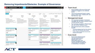60
Removing Impediments/Obstacles: Example of Governance
• Team-level:
• Scrum Master will ensure that each
obstacle is logged on an obstacle
board.
• This can be physical board in team
area or team room, marked with “Do
Not Remove” sign.
• Management-level:
• For org-level escalation, functional
manager will use online obstacle board
(virtual Kanban board)
• For business escalation, PO/manager
will use similar obstacle board.
• Management-level online obstacle
boards:
• This level obstacle board can be a Kanban
board with the following value stream:
• Entire middle-management should have
access to this board.
• Exec-level:
• Exec-level obstacle board
can be physical board
outside exec room.
Alternately execs can
access management level
virtual board for escalations
of obstacle(s) in-progress.
 