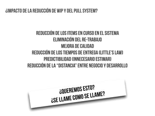 ¿IMPACTO DE LA REDUCCIÓN DE WIP Y DEL PULL SYSTEM?
REDUCCIÓN DE LOS ITEMS EN CURSO EN EL SISTEMA
ELIMINACIÓN DEL RE-TRABAJO
MEJORA DE CALIDAD
REDUCCIÓN DE LOS TIEMPOS DE ENTREGA (LITTLE’S LAW)
PREDICTIBILIDAD (INNECESARIO ESTIMAR)
REDUcción de la “DISTANCIA” entre negocio y desarrollo
¿QUEREMOS ESTO?
¿SE LLAME COMO SE LLAME?
 