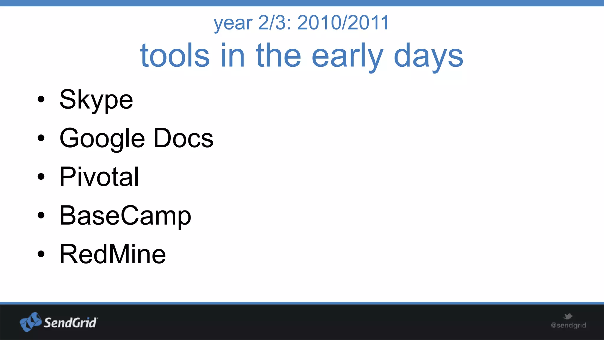 year 2/3: 2010/2011

tools in the early days
•
•
•
•
•

Skype
Google Docs
Pivotal
BaseCamp
RedMine

 