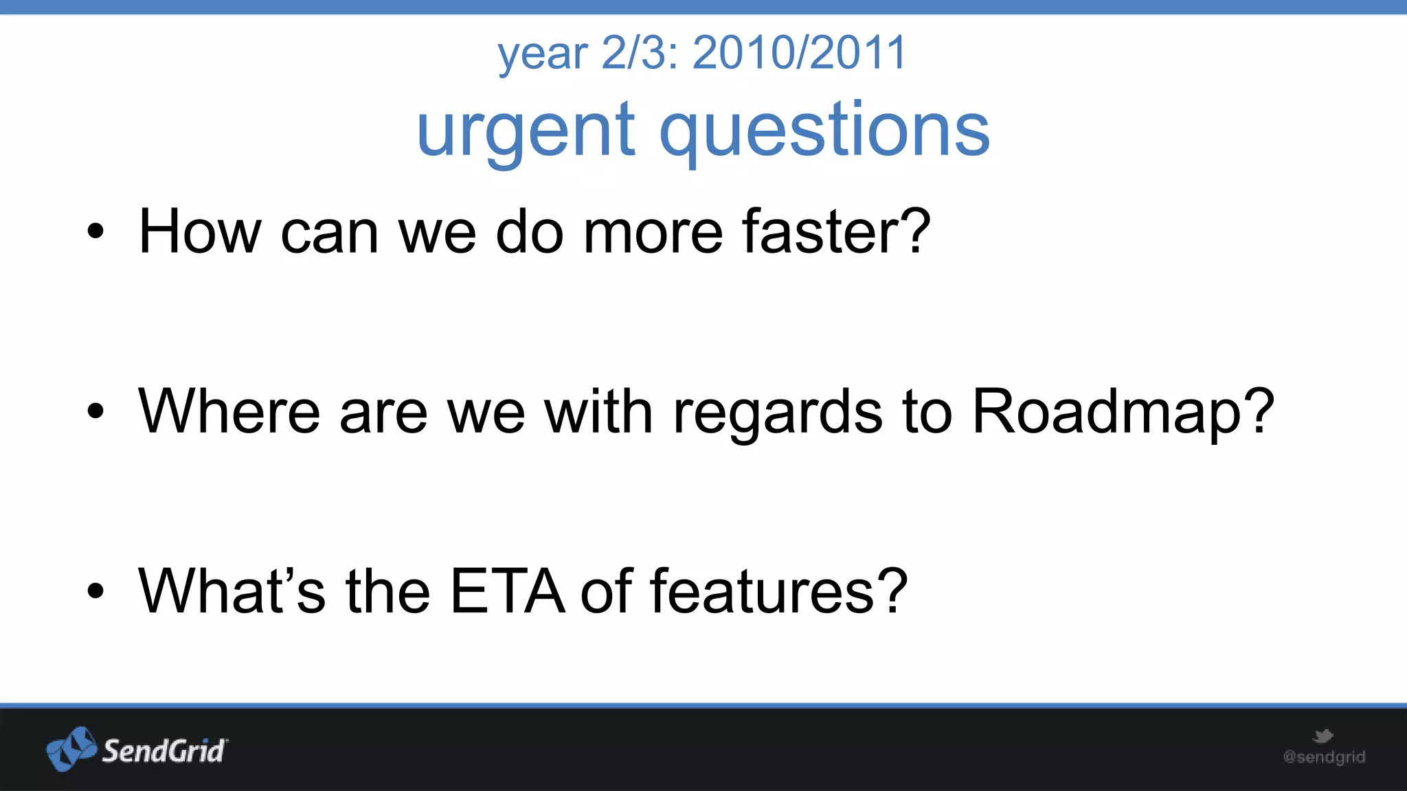year 2/3: 2010/2011

urgent questions
• How can we do more faster?

• Where are we with regards to Roadmap?
• What’s the ETA of features?

 