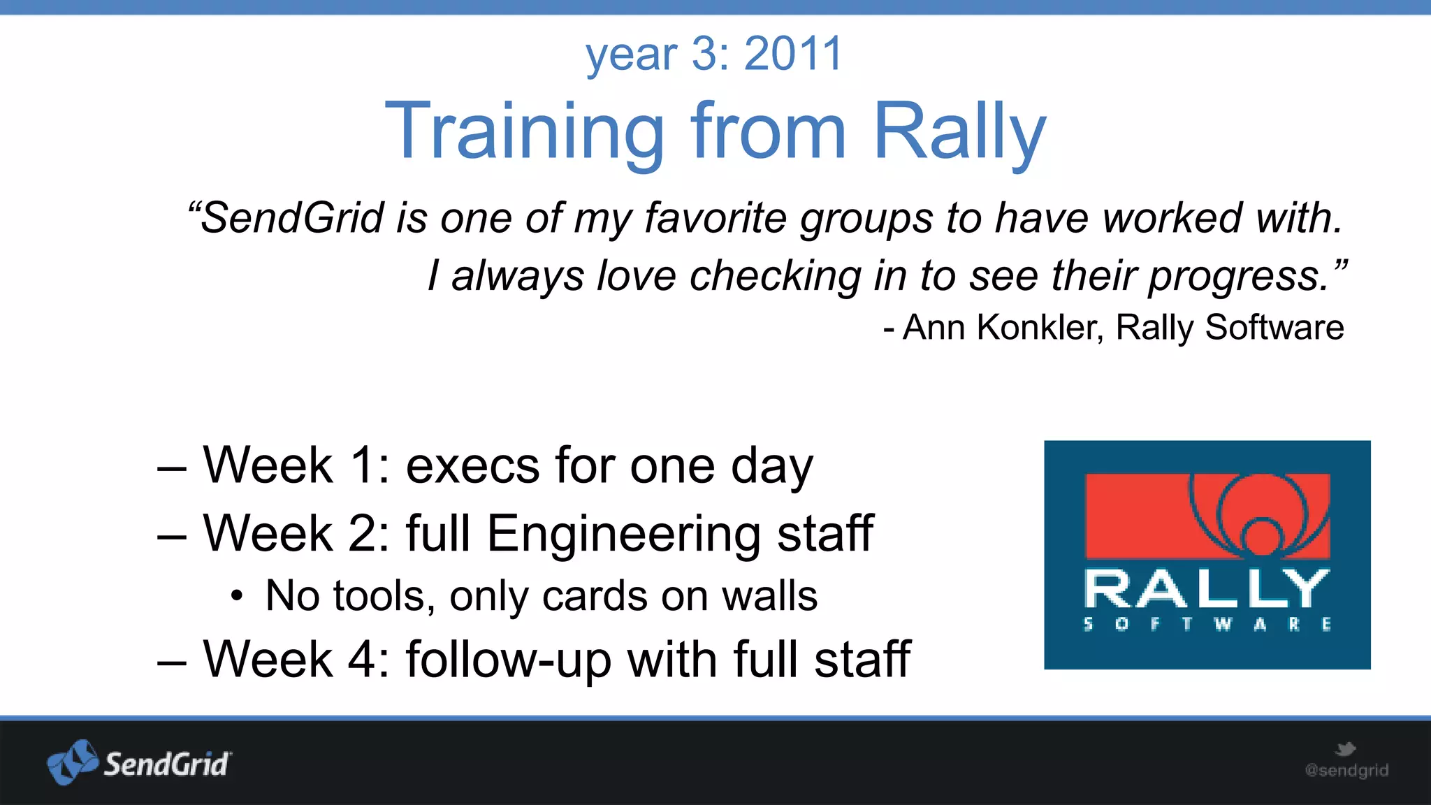year 3: 2011

Training from Rally
“SendGrid is one of my favorite groups to have worked with.
I always love checking in to see their progress.”
- Ann Konkler, Rally Software

– Week 1: execs for one day
– Week 2: full Engineering staff
• No tools, only cards on walls

– Week 4: follow-up with full staff

 
