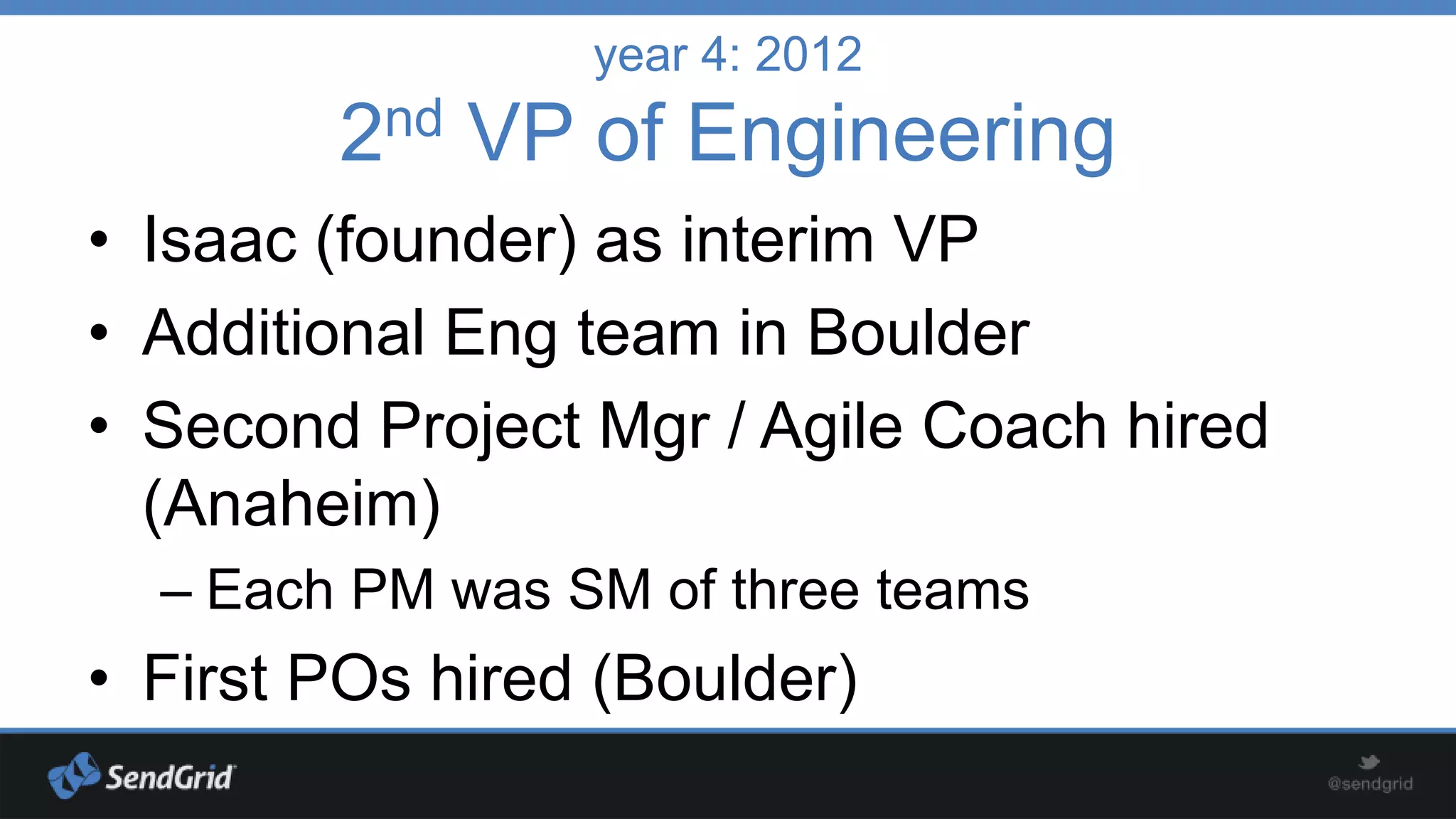 year 4: 2012

2nd VP of Engineering
• Isaac (founder) as interim VP
• Additional Eng team in Boulder
• Second Project Mgr / Agile Coach hired
(Anaheim)
– Each PM was SM of three teams

• First POs hired (Boulder)

 