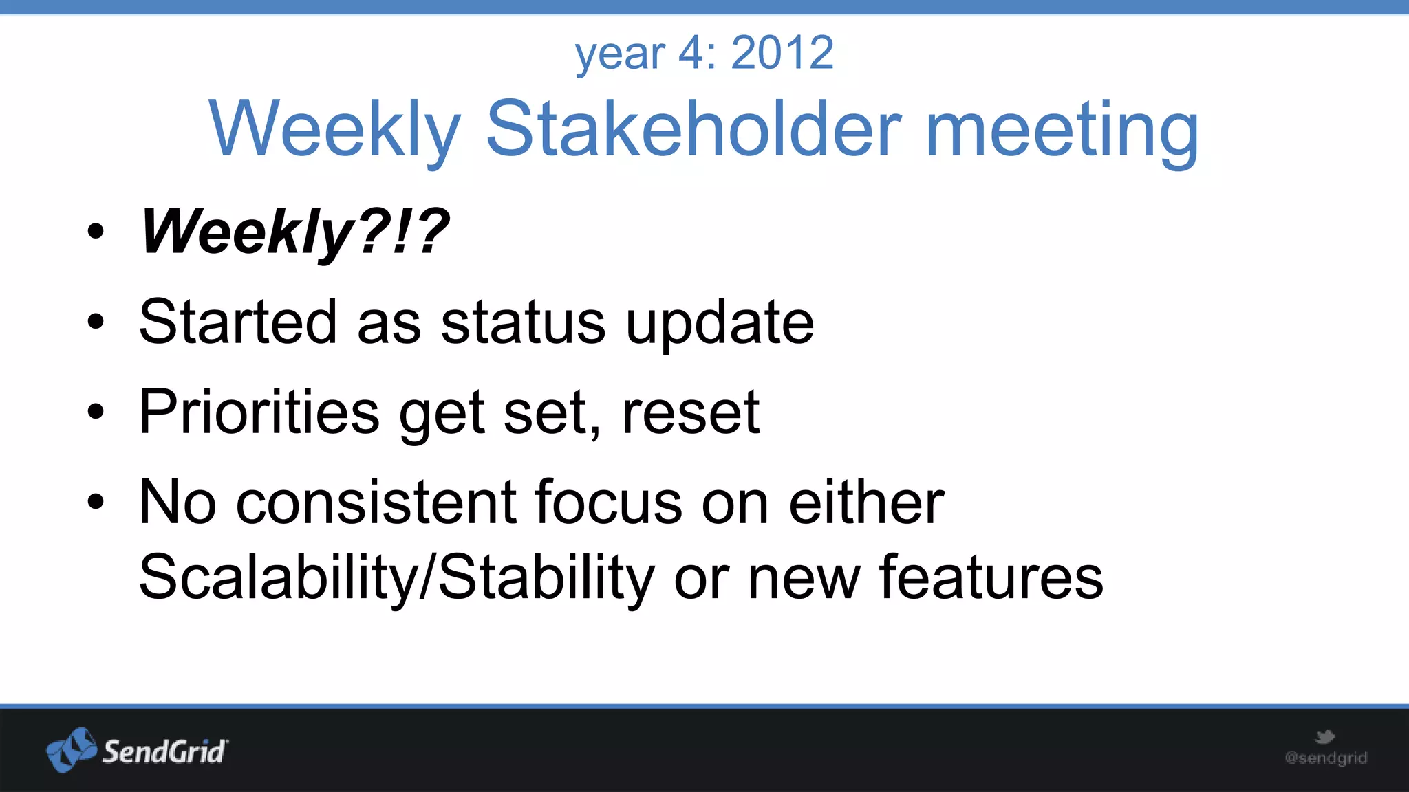 year 4: 2012

Weekly Stakeholder meeting
•
•
•
•

Weekly?!?
Started as status update
Priorities get set, reset
No consistent focus on either
Scalability/Stability or new features

 
