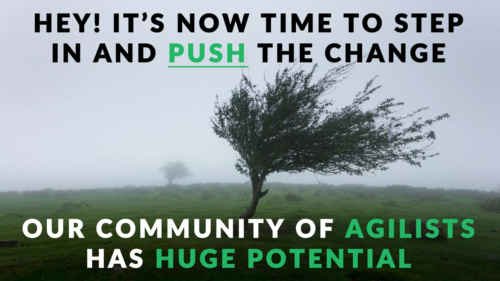 HEY! IT’S NOW TIME TO STEP
IN AND PUSH THE CHANGE
OUR COMMUNITY OF AGILISTS
HAS HUGE POTENTIAL
 