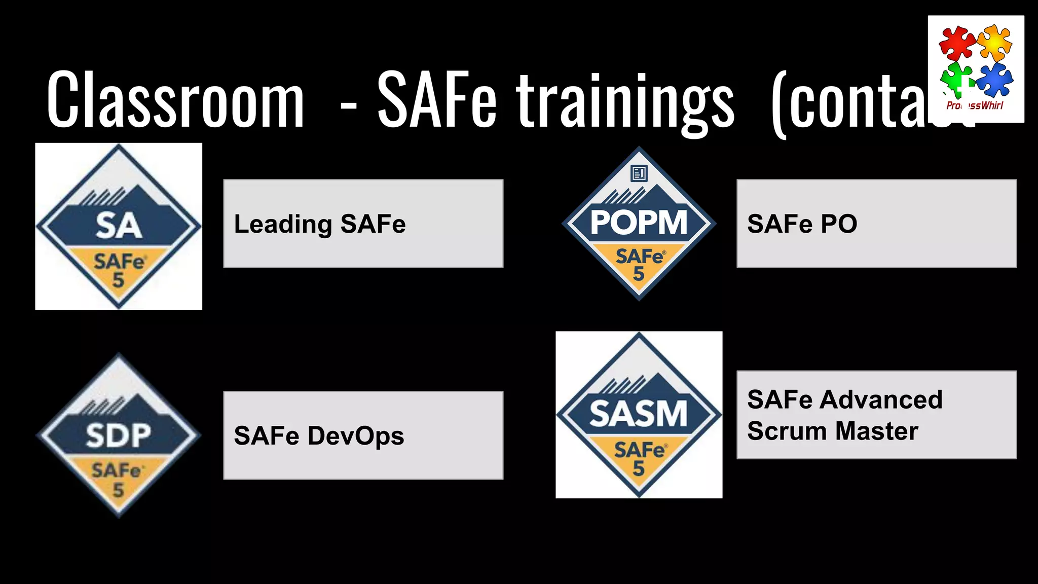 Classroom - SAFe trainings (contact
me)
SAFe DevOps
Leading SAFe SAFe PO
SAFe Advanced
Scrum Master
 