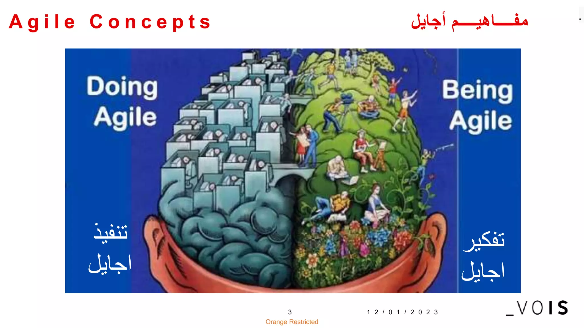 Orange Restricted
A g i l e C o n c e p t s ‫أجايل‬ ‫مفــــاهيــــم‬
1 2 / 0 1 / 2 0 2 3
3
.
‫تنفيذ‬
‫اجايل‬
‫تفكير‬
‫اجايل‬
 
