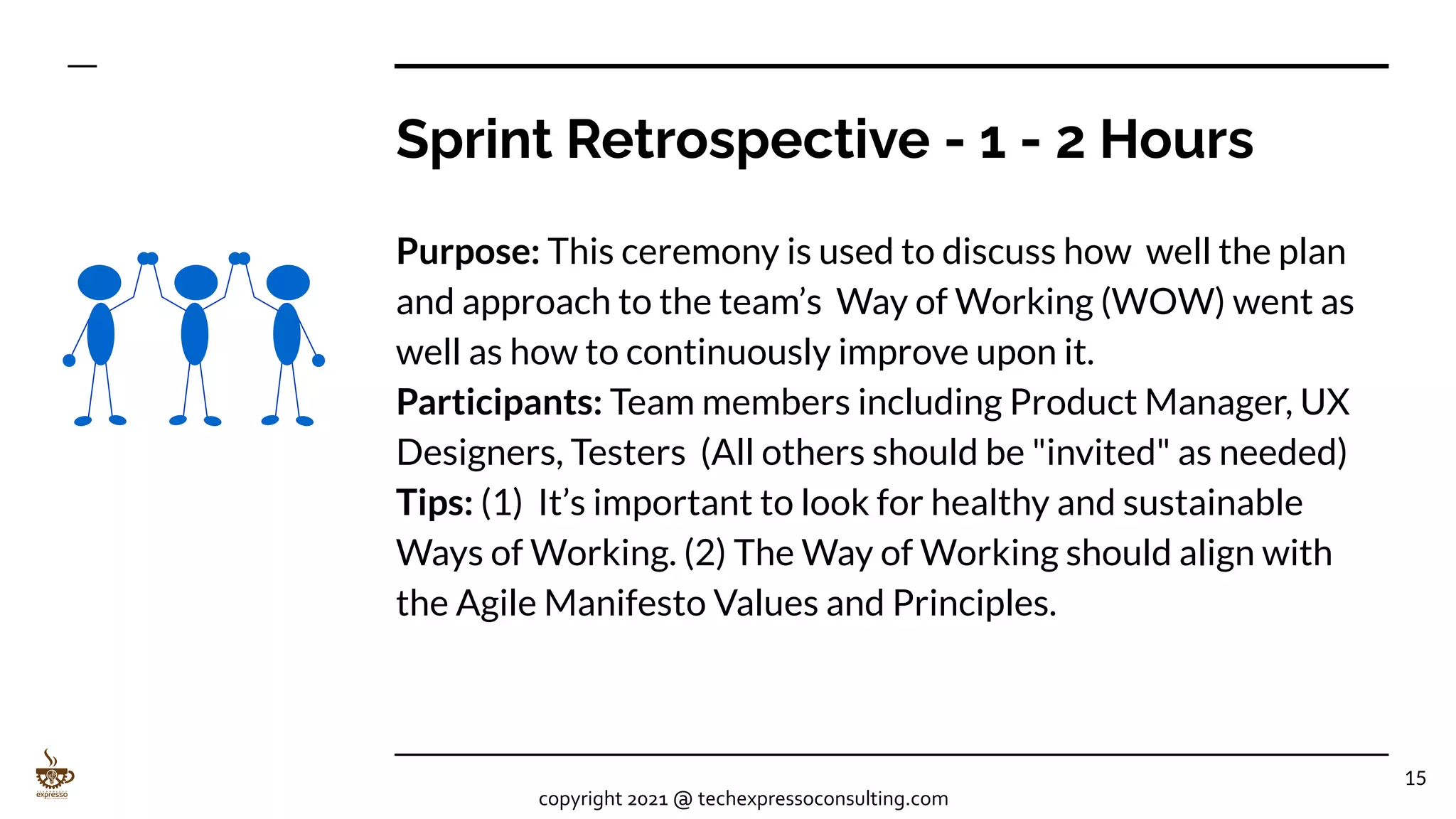 Sprint Retrospective - 1 - 2 Hours
Purpose: This ceremony is used to discuss how well the plan
and approach to the team’s Way of Working (WOW) went as
well as how to continuously improve upon it.
Participants: Team members including Product Manager, UX
Designers, Testers (All others should be "invited" as needed)
Tips: (1) It’s important to look for healthy and sustainable
Ways of Working. (2) The Way of Working should align with
the Agile Manifesto Values and Principles.
15
copyright 2021 @ techexpressoconsulting.com
 