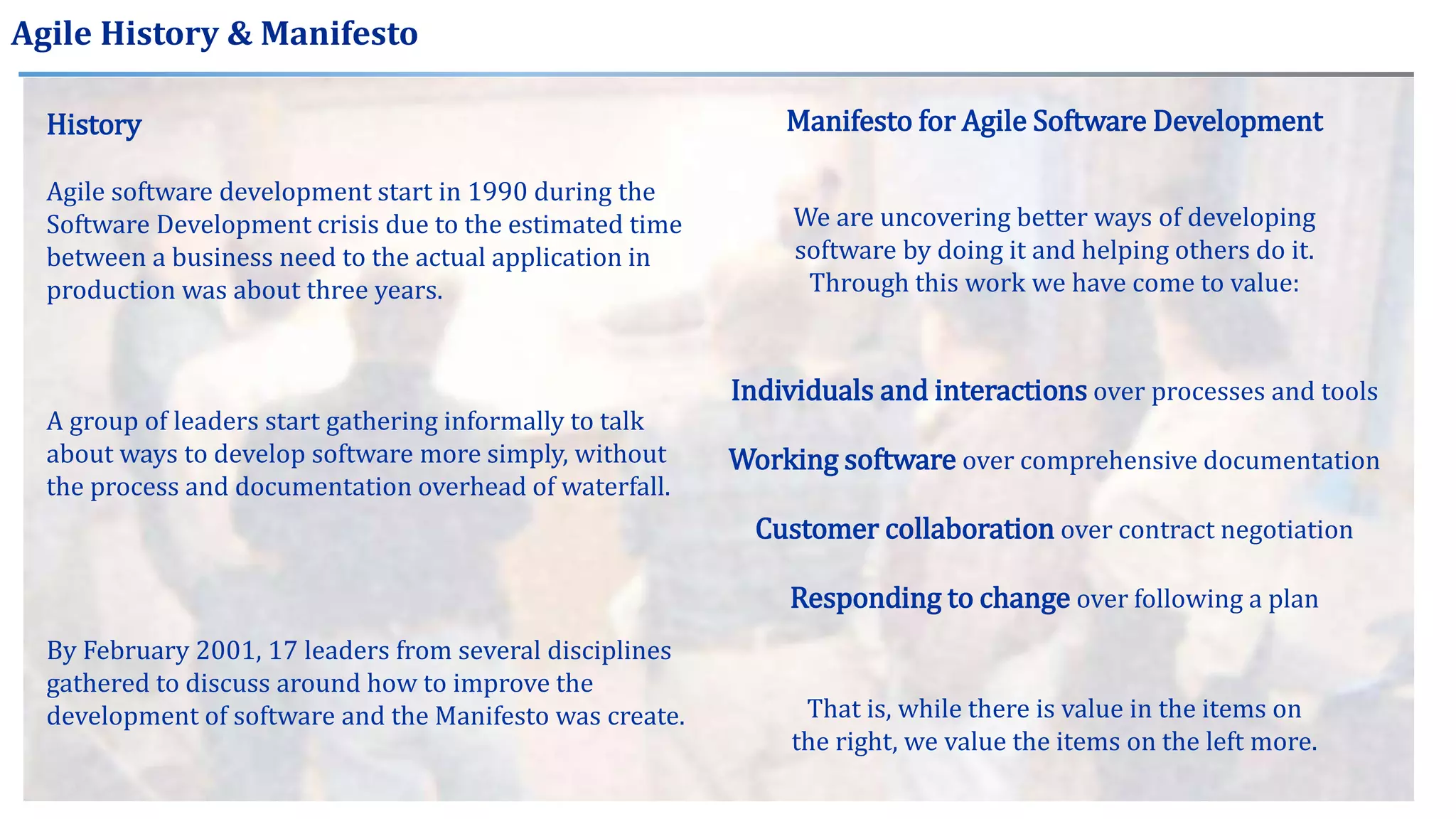 Agile History & Manifesto
History
Agile software development start in 1990 during the
Software Development crisis due to the estimated time
between a business need to the actual application in
production was about three years.
A group of leaders start gathering informally to talk
about ways to develop software more simply, without
the process and documentation overhead of waterfall.
By February 2001, 17 leaders from several disciplines
gathered to discuss around how to improve the
development of software and the Manifesto was create.
Manifesto for Agile Software Development
We are uncovering better ways of developing
software by doing it and helping others do it.
Through this work we have come to value:
Individuals and interactions over processes and tools
Working software over comprehensive documentation
Customer collaboration over contract negotiation
Responding to change over following a plan
That is, while there is value in the items on
the right, we value the items on the left more.
 