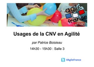 Usages de la CNV en Agilité
par Patrice Boisieau
14h30 - 15h30 : Salle 3
#AgileFrance
 