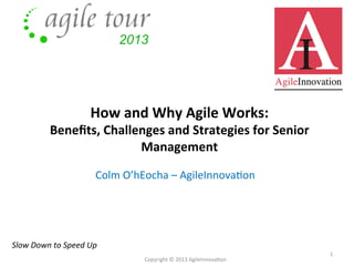 How	
  and	
  Why	
  Agile	
  Works:	
  	
  

Beneﬁts,	
  Challenges	
  and	
  Strategies	
  for	
  Senior	
  
Management	
  

	
  

Colm	
  O’hEocha	
  –	
  AgileInnova4on	
  

Slow	
  Down	
  to	
  Speed	
  Up	
  
Copyright	
  ©	
  2013	
  AgileInnova4on	
  

1	
  

 