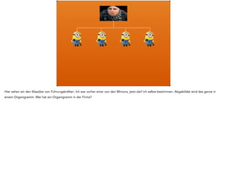 Hier sehen wir den Klassiker von Führungskräften. Ich war vorher einer von den Minions, jetzt darf ich selbst bestimmen. Abgebildet wird das ganze in
einem Organigramm. Wer hat ein Organigramm in der Firma?
 