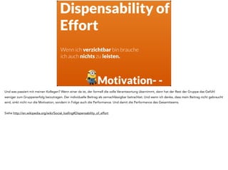 Dispensability of
Effort
Wenn ich verzichtbar bin brauche
ich auch nichts zu leisten.
Motivation- -
Und was passiert mit meinen Kollegen? Wenn einer da ist, der formell die volle Verantwortung übernimmt, dann hat der Rest der Gruppe das Gefühl
weniger zum Gruppenerfolg beizutragen. Der individuelle Beitrag als vernachlässigbar betrachtet. Und wenn ich denke, dass mein Beitrag nicht gebraucht
wird, sinkt nicht nur die Motivation, sondern in Folge auch die Performance. Und damit die Performance des Gesamtteams.
Siehe http://en.wikipedia.org/wiki/Social_loafing#Dispensability_of_effort
 