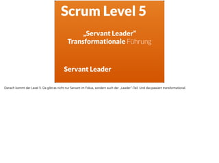 Scrum Level 5
Servant Leader
„Servant Leader“
Transformationale Führung
Danach kommt der Level 5. Da gibt es nicht nur Servant im Fokus, sondern auch der „Leader“-Teil. Und das passiert transformational.
 