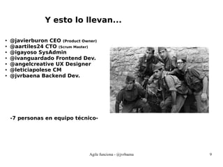 Agile funciona - @jvrbaena 9
Y esto lo llevan...
● @javierburon CEO (Product Owner)
● @aartiles24 CTO (Scrum Master)
● @igayoso SysAdmin
● @ivanguardado Frontend Dev.
● @angelcreative UX Designer
● @leticiapolese CM
● @jvrbaena Backend Dev.
-7 personas en equipo técnico-
 