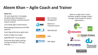 Aleem Khan – Agile Coach and Trainer
About me…
18+ years experience in managing
complex projects & programs in
financial, banking, manufacturing and
telecom verticals.
Led multiple agile transformations
Methodology development and PMO
expertise
Coach high performance agile teams
Author of agile case studies
Agile/PMI-ACP® course designer
Passionate about agile coaching,
training and believe in life long
learning……..
M.S in Project
Management
PMP, PMI-ACP
CSM
Work as an agile coach, trainer,
facilitator, program manager, project
manager, and consultant in various
organizations…..
Diploma in
Computer Science
SAFe Agilist
 