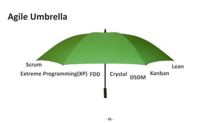 Agile Umbrella
Scrum
Extreme Programming(XP)
DSDM
Lean
Crystal
FDD Kanban
- 35 -
 