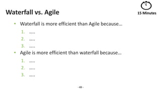 Waterfall vs. Agile
• Waterfall is more efficient than Agile because…
1. …..
2. …..
3. …..
• Agile is more efficient than waterfall because…
1. …..
2. …..
3. …..
- 65 -
15 Minutes
 