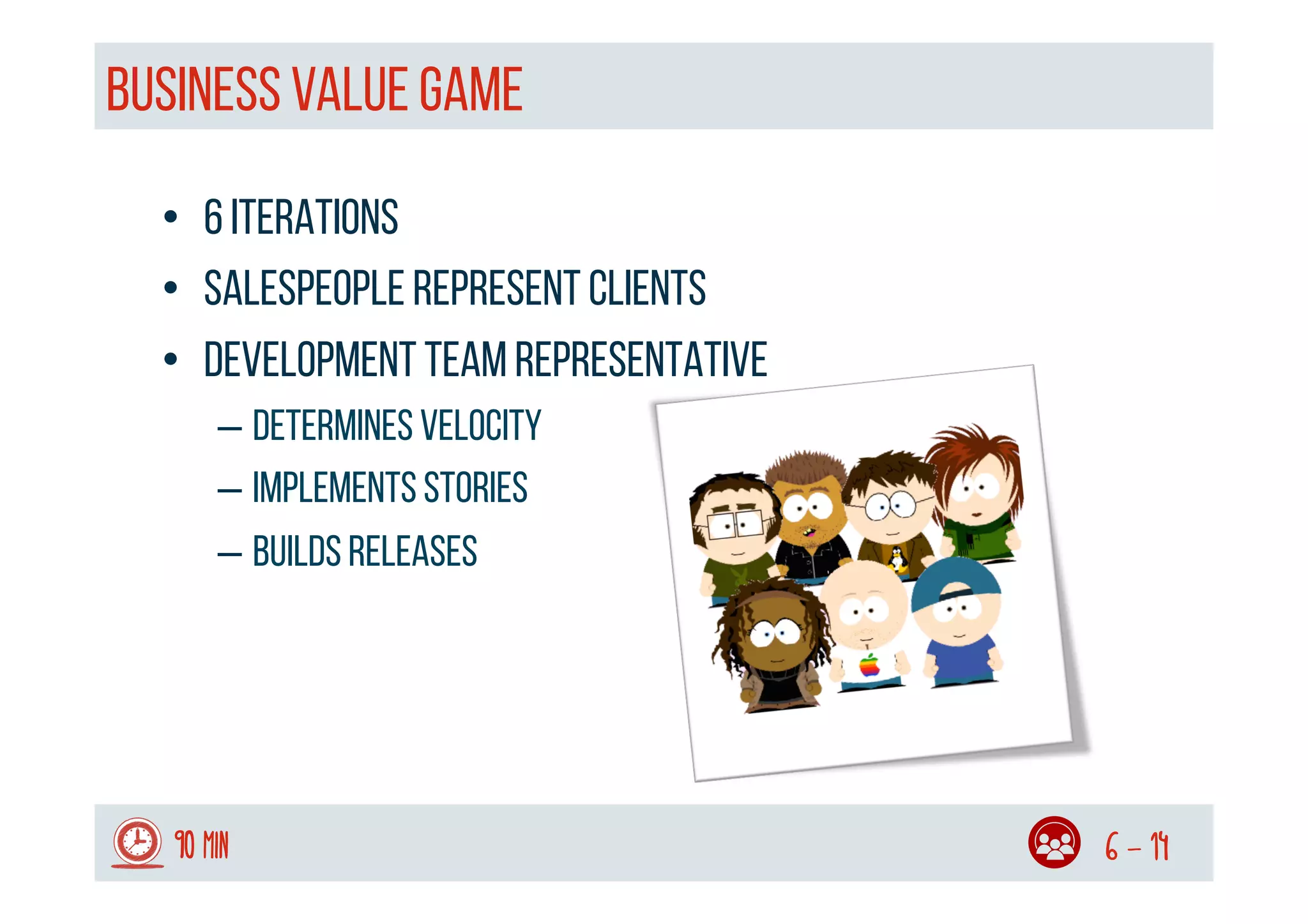•  6 iterations
•  Salespeople represent clients
•  Development team representative
– Determines velocity
– Implements stories
– Builds releases
Business Value GAME
90 min 6 - 14
 