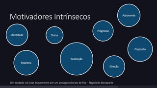 Motivadores Intrínsecos 
Identidade 
Maestria 
Status 
Propósito 
Progresso 
Realização 
Direção 
Um soldado irá lutar bravamente por um pedaço colorido de fita – Napoleão Bonaparte 
Autonomia 
 