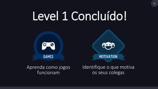 Level 1 Concluído! 
Aprenda como jogos 
funcionam 
Identifique o que motiva 
os seus colegas 
A 
 