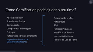 Como Gamification pode ajudar o seu time? 
Adoção de Scrum 
Trabalho em Equipe 
Comunicação 
Compartilhar Informações 
Entregas 
Refatoração e Design Emergente 
Impulsionar Práticas de 
Desenvolvimento (XP) 
Programação em Par 
Refatoração 
TDD 
Releases Pequenos 
Metáforas de Sistema 
Integração Contínua 
Padrões de Código-Fonte 
E1 
 