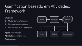 Gamification baseado em Atividades: 
Framework 
Objetivos: 
1. Mudar comportamentos 
2. Estimular novas práticas 
3. Visibilidade para o progresso 
Ações: fora do jogo 
Atividades: dentro do jogo 
Recompensas 
Ações Atividades Sistema 
Pontos Badges Leaderboards 
 