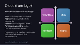 O que é um jogo? 
“Jogar um jogo é o esforço voluntário 
de superação de obstáculos 
desnecessários.” 
Voluntário Meta 
Feedback Regras 
As quatro características de um jogo 
Meta: trabalhe para conquista-la 
Regras: limitação, criatividade, 
exploração; 
Feedback: visualização da meta; 
Participação voluntária: todos 
concordam com os termos; 
Source: Reality is Broken – Jane McGonigal 
 