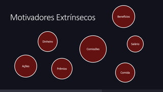 Motivadores Extrínsecos 
Dinheiro 
Prêmios 
Salário 
Ações 
Benefícios 
Comissões 
Comida 
 