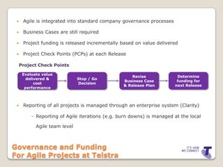     Agile is integrated into standard company governance processes

     Business Cases are still required

     Projec...