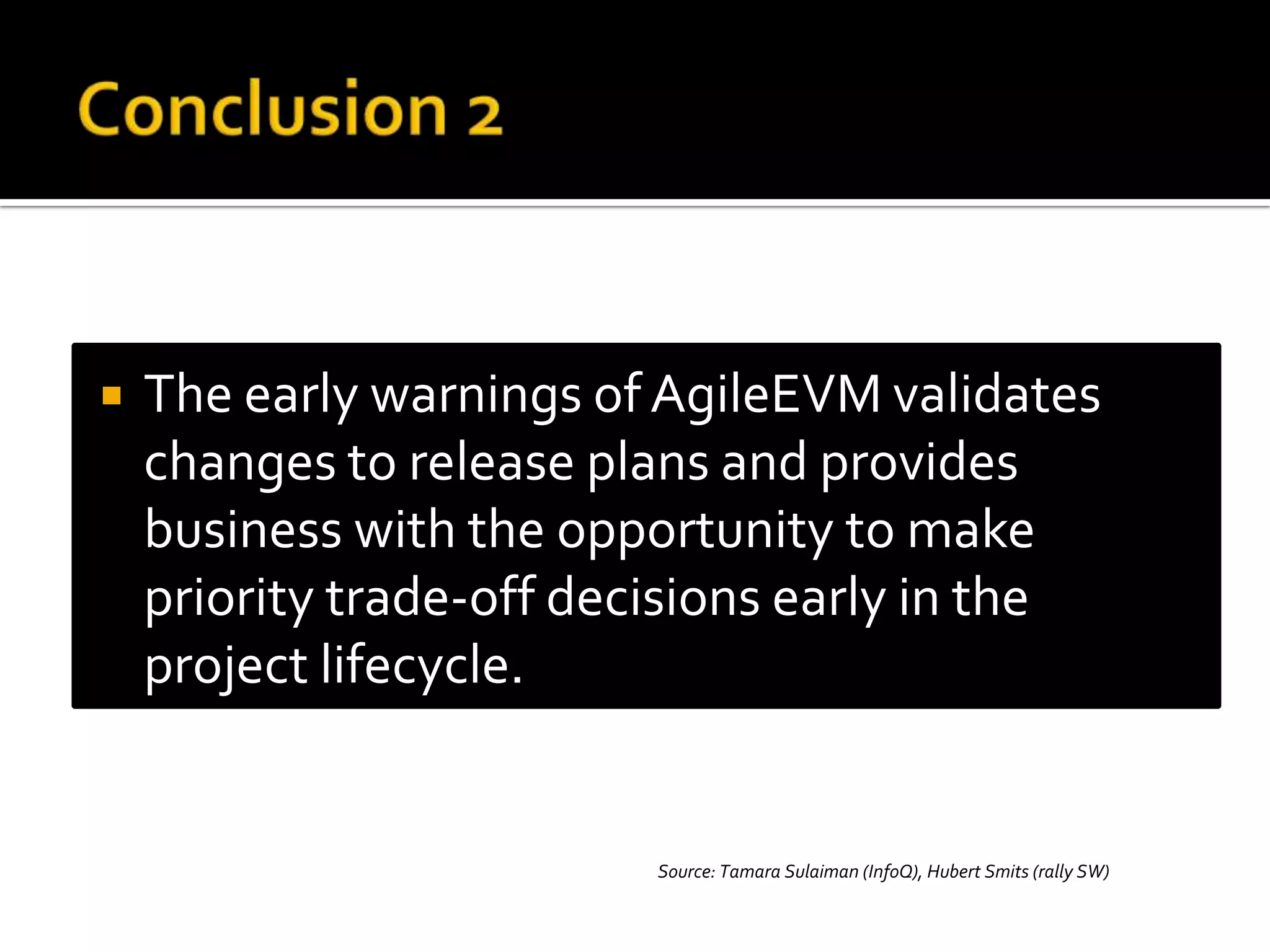 Conclusion 2The early warnings of AgileEVM validates changes to release plans and provides business with the opportunity to make priority trade-off decisions early in the project lifecycle.Source: Tamara Sulaiman (InfoQ), Hubert Smits (rally SW)11th PMI BeNeLux Day