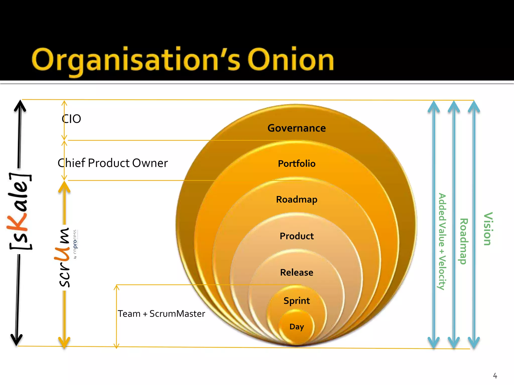 Organisation’s OnionCIOChief Product OwnerVisionAdded Value + VelocityRoadmapTeam + ScrumMaster4