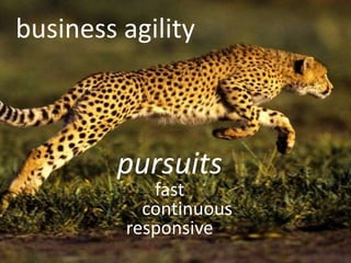 business agility



         pursuits
            fast
           continuous
         responsive
 