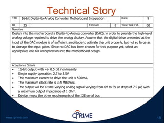 18www.cprime.com
Technical Story
Title 16-bit Digital-to-Analog Converter Motherboard Integration Rank 9
ID 25 Estimate 8 Total Task Est. 60
Narrative
Design into the motherboard a Digital-to-Analog converter (DAC), in order to provide the high-level
analog voltage required to drive the analog display. Assume that the digital drive presented at the
input of the DAC module is of sufficient amplitude to activate the unit properly, but not so large as
to damage the input gates. Since no DAC has been chosen for this purpose yet, select an
appropriate one for incorporation into the motherboard design.
Acceptance Criteria
 16-bit output with +/- 0.5 bit nonlinearity
 Single supply operation: 2.7 to 5.5V
 The maximum current to drive the unit is 500mA.
 The maximum clock rate is 3.4 MBit/sec.
 The output will be a time-varying analog signal varying from 0V to 5V at steps of 7.5 µV, with
a maximum output impedance of 1 Ohm.
 Device meets the other requirements of the I2S serial bus
 