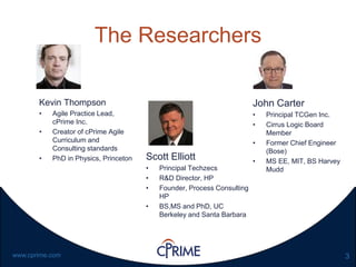 3www.cprime.com
The Researchers
Kevin Thompson
• Agile Practice Lead,
cPrime Inc.
• Creator of cPrime Agile
Curriculum and
Consulting standards
• PhD in Physics, Princeton Scott Elliott
• Principal Techzecs
• R&D Director, HP
• Founder, Process Consulting
HP
• BS,MS and PhD, UC
Berkeley and Santa Barbara
John Carter
• Principal TCGen Inc.
• Cirrus Logic Board
Member
• Former Chief Engineer
(Bose)
• MS EE, MIT, BS Harvey
Mudd
 